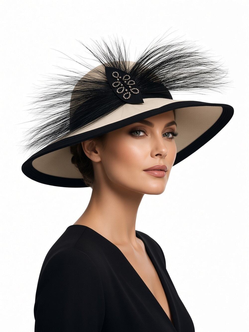 Mr. John Vintage Ivory Formal Hat W/ Black Feather Accent Hat Size 6-7/8 - S